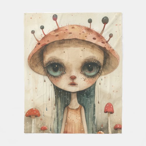 Enigmatic Girl With Mushroom Hat in Surreal Forest Fleece Blanket