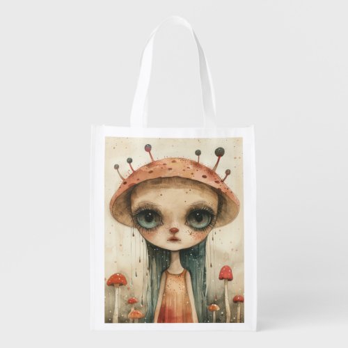 Enigmatic Girl With Mushroom Hat in Surreal Forest Grocery Bag