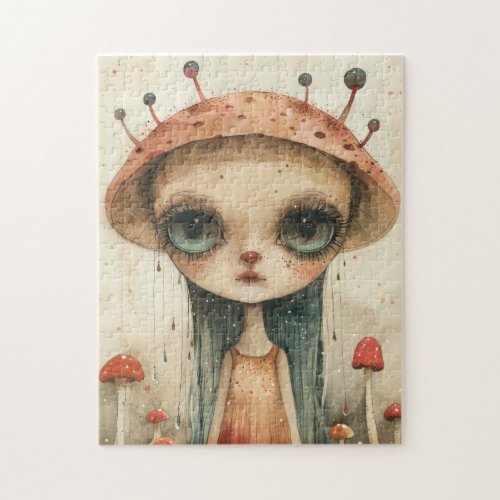 Enigmatic Girl With Mushroom Hat in Surreal Forest Jigsaw Puzzle