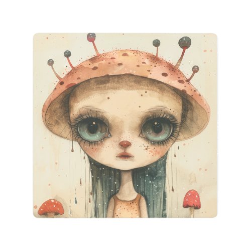 Enigmatic Girl With Mushroom Hat in Surreal Forest Metal Print