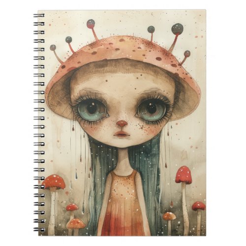 Enigmatic Girl With Mushroom Hat in Surreal Forest Notebook
