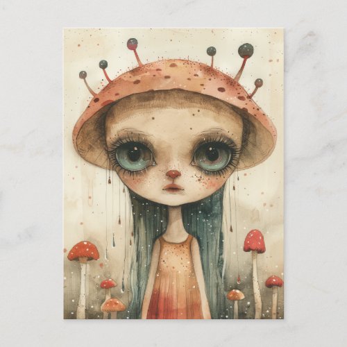 Enigmatic Girl With Mushroom Hat in Surreal Forest Postcard