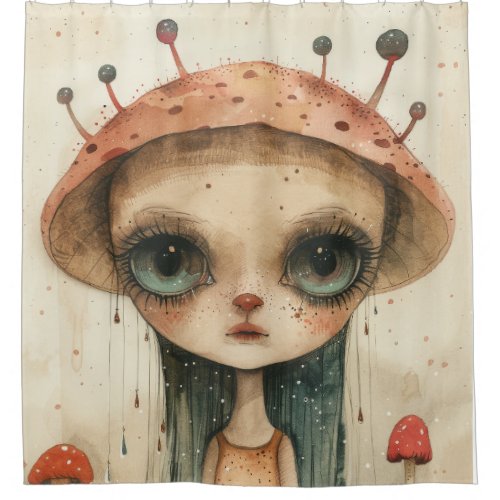 Enigmatic Girl With Mushroom Hat in Surreal Forest Shower Curtain