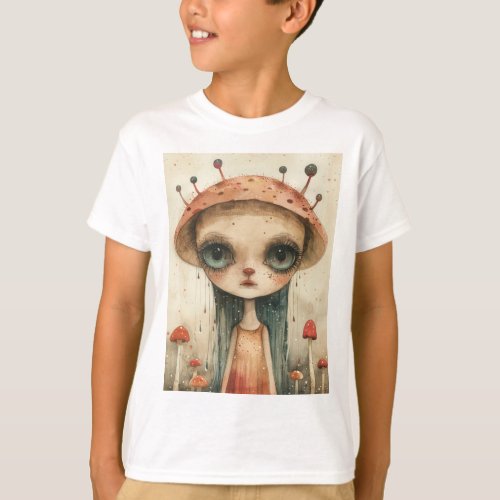 Enigmatic Girl With Mushroom Hat in Surreal Forest T_Shirt