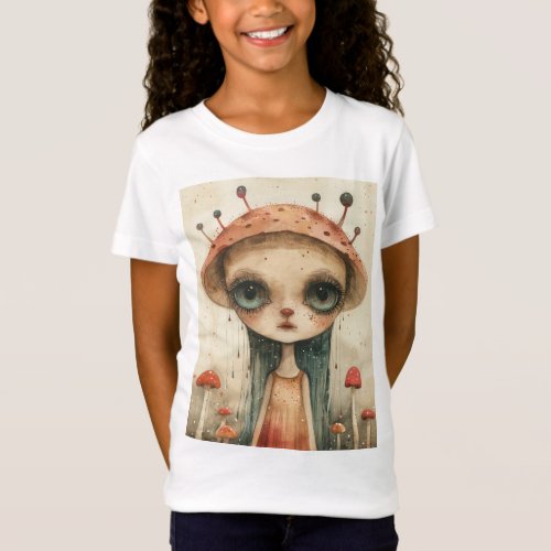 Enigmatic Girl With Mushroom Hat in Surreal Forest T_Shirt