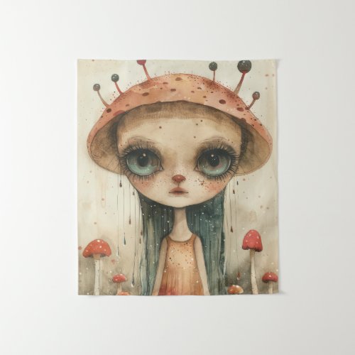Enigmatic Girl With Mushroom Hat in Surreal Forest Tapestry