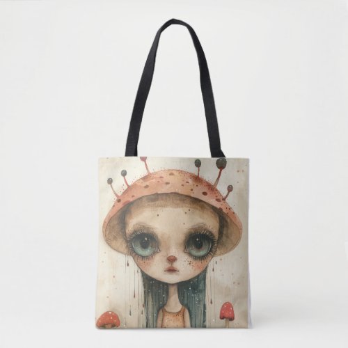 Enigmatic Girl With Mushroom Hat in Surreal Forest Tote Bag