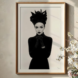 Enigmatic Glamour: Monochrome Fashion Portrait Poster