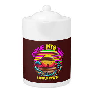 Enigmatic Journey: Retro Sunset Exploration Teapot
