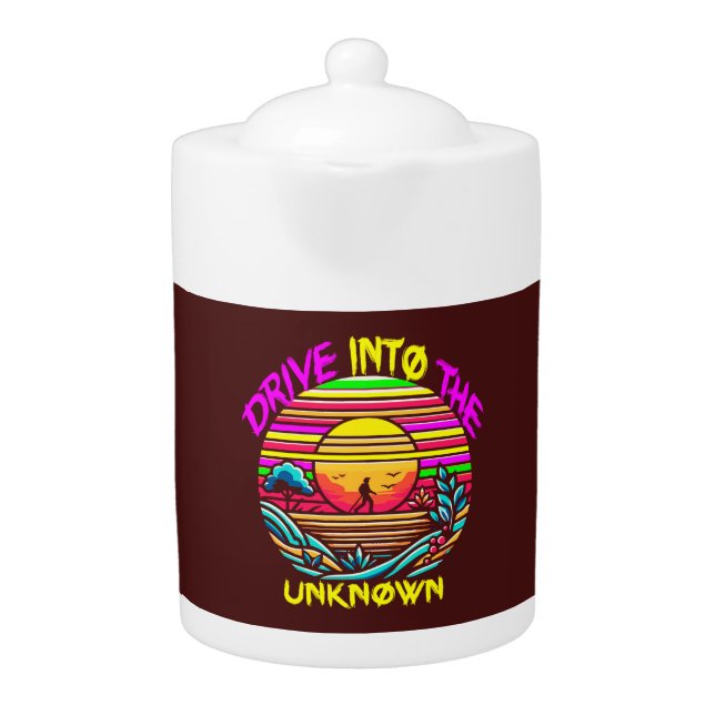 Enigmatic Journey: Retro Sunset Exploration Teapot (Front)