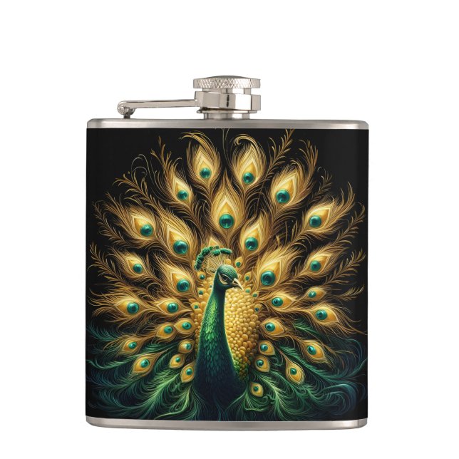 Enigmatic Peacock in Verdant Plumage Flask (Front)