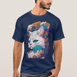 Enigmatic White Cat Detailed Illustration of a Cap T-Shirt