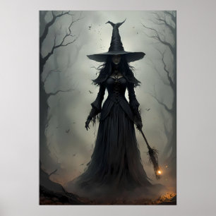 Enigmatic Witch in a Dark, Eerie Forest Poster