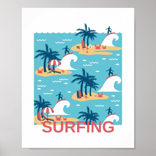 Enjoy Blue Surfing Cartoon Illustration Poster