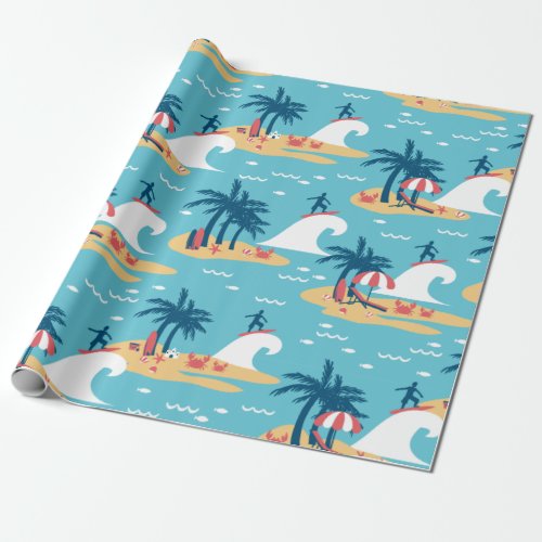 Enjoy Blue Surfing Cartoon Illustration Wrapping Paper