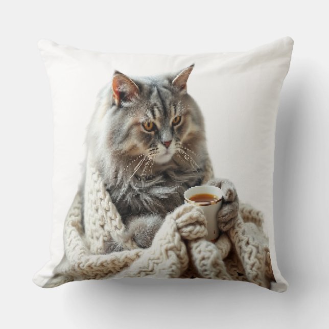 Enjoy Cat Winter Tea  Throw Pillow (Front)