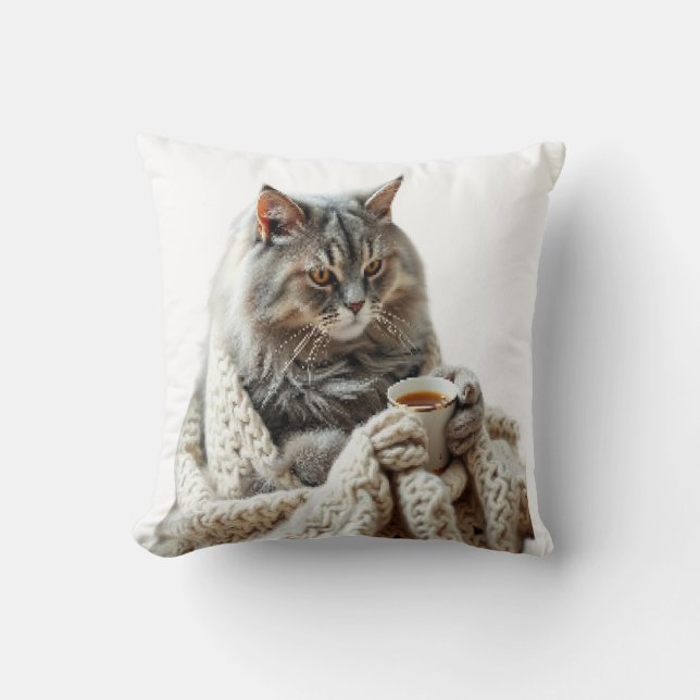 Enjoy Cat Winter Tea  Throw Pillow (Front)
