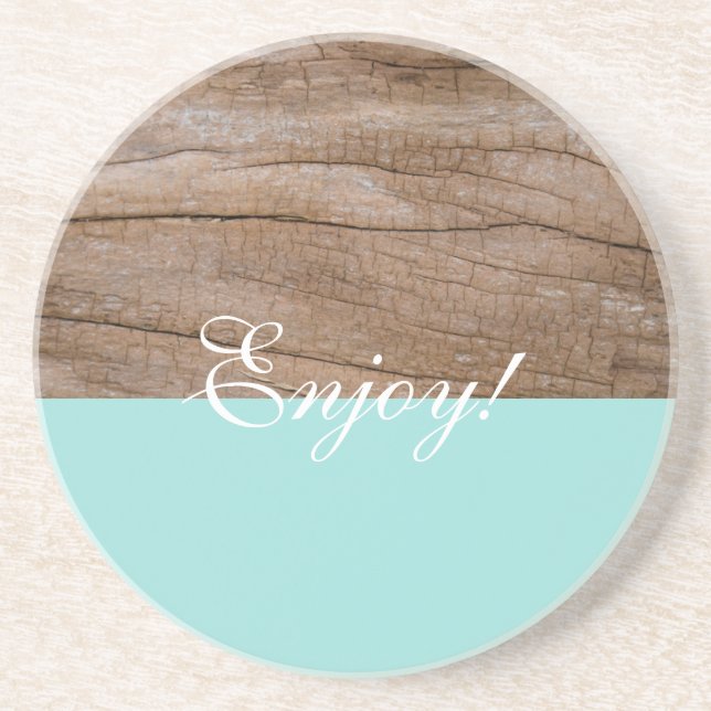 Enjoy! Cute Light Blue + Wood Effect Coaster (Front)