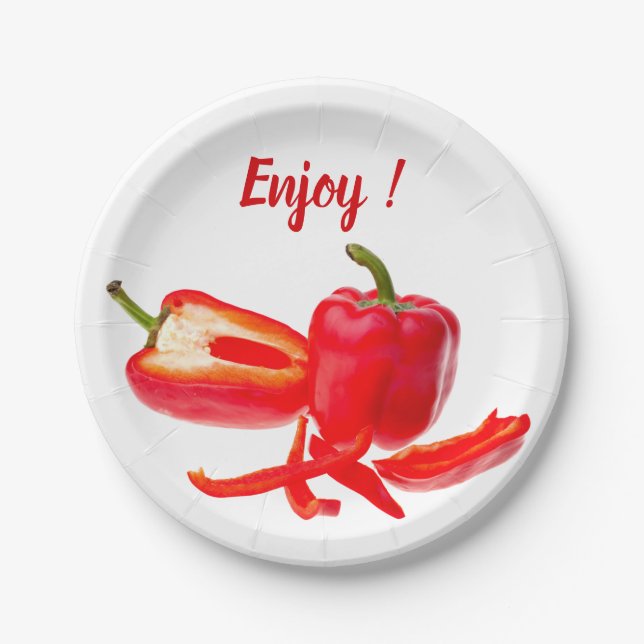 Enjoy fresh red bell pepper photo with text paper plates (Front)