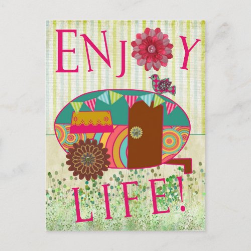 Enjoy Life Happy Camper Retro RV Trailer Postcard