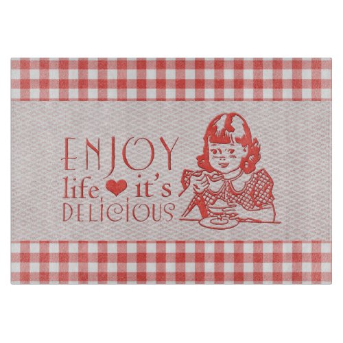 Enjoy Life Its Delicious Red Retro Gingham Cutting Board