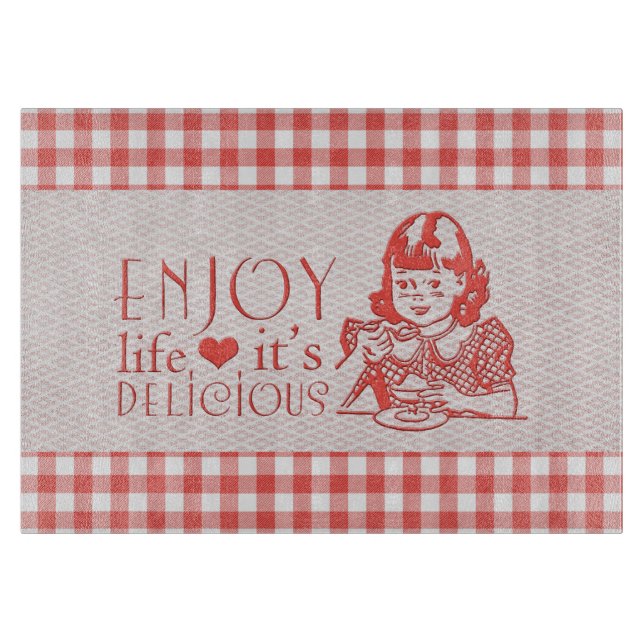 Enjoy Life It's Delicious Red Retro Gingham Cutting Board (Front)