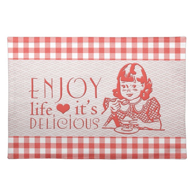 Enjoy Life It's Delicious Red Retro Gingham Placemat (Front)