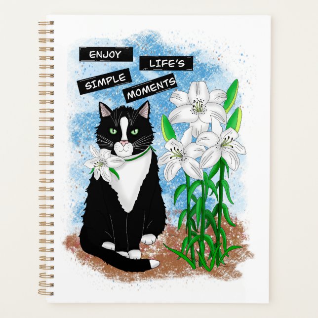 Enjoy Life's Simple Moments | Quote and Tuxedo Cat Planner (Front)