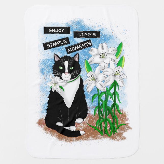 Enjoy Life's Simple Moments | Tuxedo Cat and Quote Baby Blanket (Front)