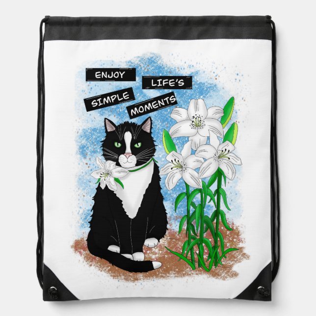 Enjoy Life's Simple Moments | Tuxedo Cat and Quote Drawstring Bag (Front)