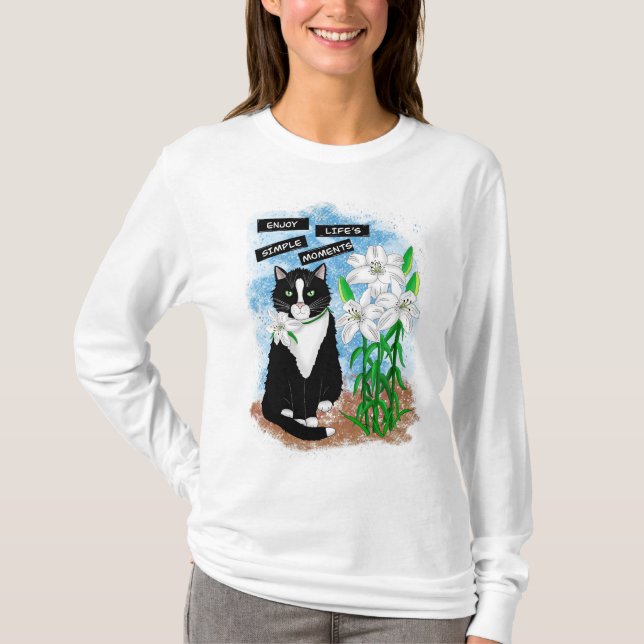 Enjoy Life's Simple Moments | Tuxedo Cat and Quote T-Shirt (Front)