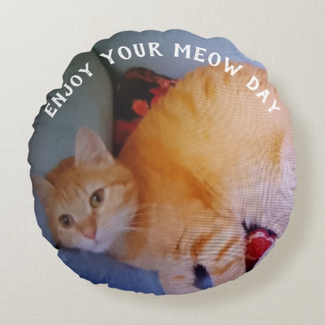 Enjoy Meow Day Two Cat Photos Round Pillow (Front)