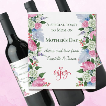 Enjoy Mother's Day White Roses Wine Label by pinkladybugs at Zazzle