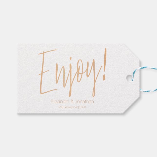 "Enjoy" Rose Gold Calligraphy Wedding Favor Tag (Front (Horizontal))