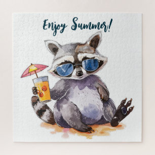 Enjoy Summer raccoon watercolor Jigsaw Puzzle