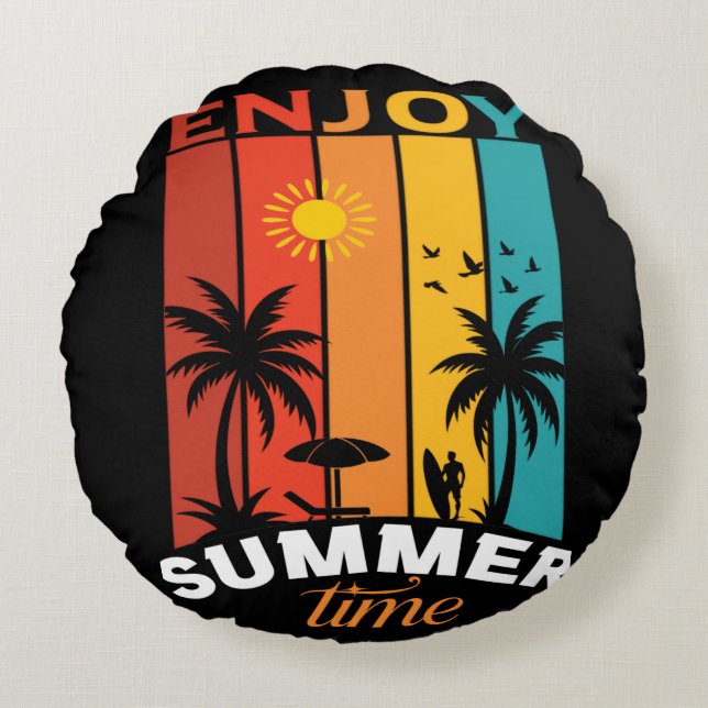 Enjoy Summer Time Retro Beach Tee Round Pillow (Front)