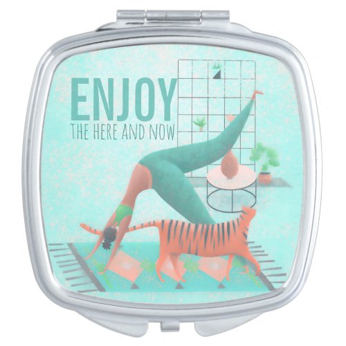 Enjoy The Here And Now Quote Cat Zen Teal Yoga Compact Mirror