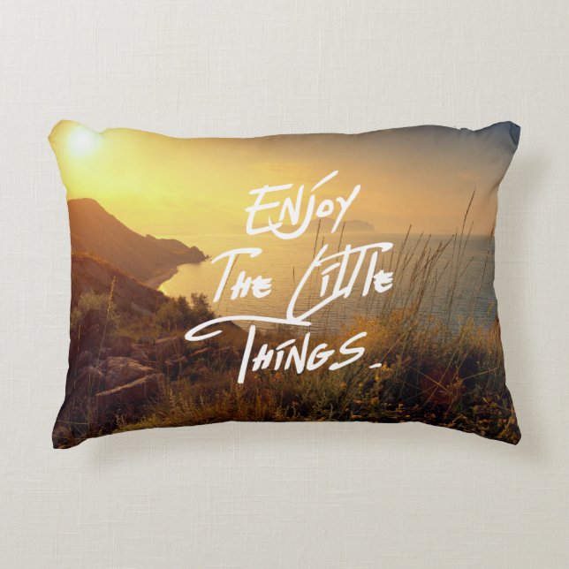 "Enjoy the little Things"  Quote Sunset Sea View Decorative Pillow (Front)