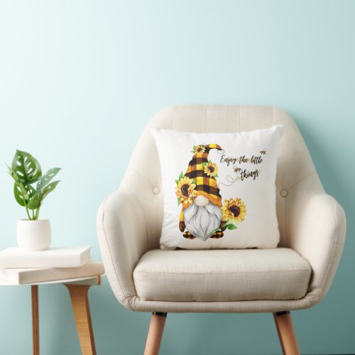 Enjoy the Little Things Sunflower Gnome Throw Pillow