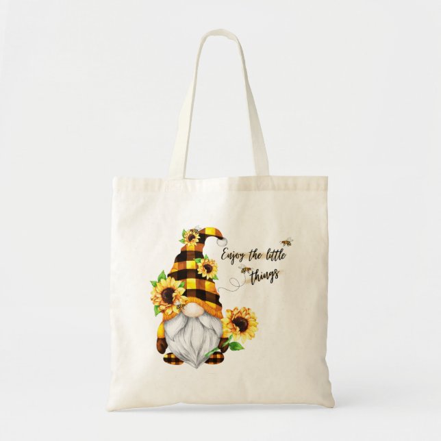 Enjoy the Little Things Sunflower Gnome Tote Bag (Front)