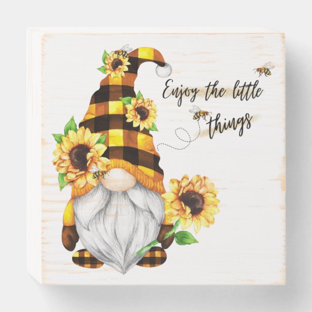 Enjoy the Little Things Sunflower Gnome Wooden Box Sign (Front Horizontal)