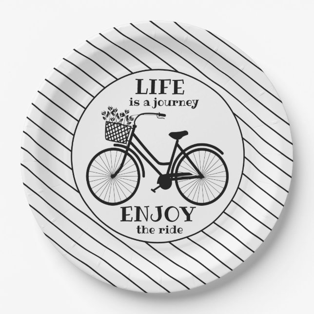 Enjoy The Ride | Bicycle With Flowers Motivational Paper Plates (Front)