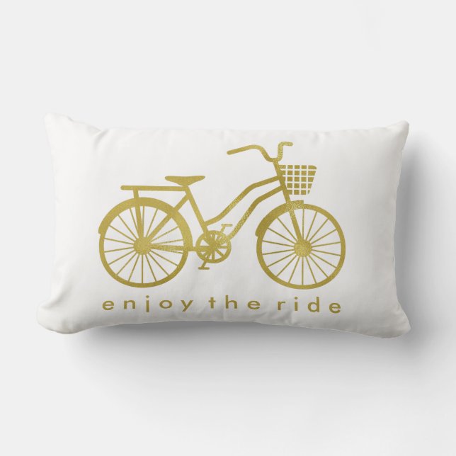 Enjoy the Ride Chic Gold Bicycle on White Lumbar Pillow (Front)
