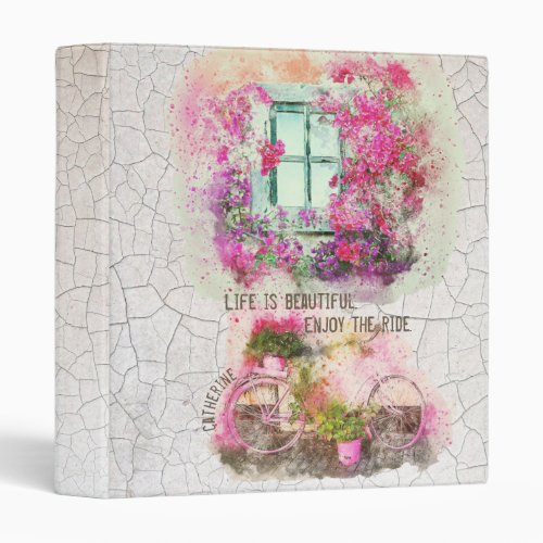 Enjoy The Ride  Watercolor Bicycle With Flowers 3 Ring Binder
