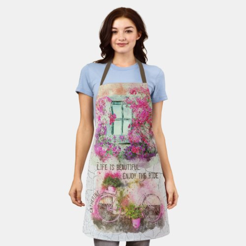 Enjoy The Ride  Watercolor Bicycle With Flowers Apron