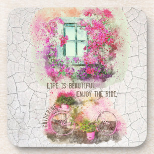 Enjoy The Ride Watercolor Bicycle With Flowers Beverage Coaster