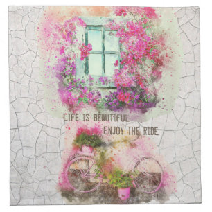 Enjoy The Ride Watercolor Bicycle With Flowers Cloth Napkin