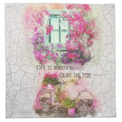 Enjoy The Ride  Watercolor Bicycle With Flowers Cloth Napkin