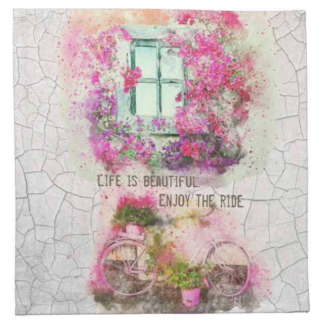 Enjoy The Ride | Watercolor Bicycle With Flowers Cloth Napkin (Front)