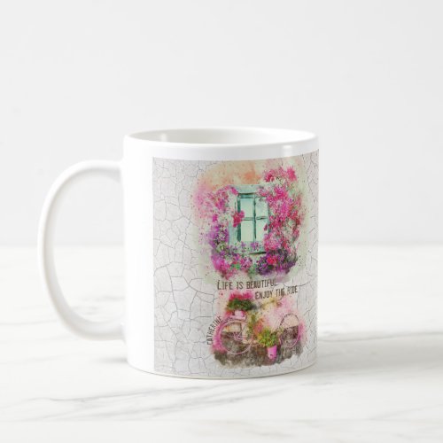 Enjoy The Ride  Watercolor Bicycle With Flowers Coffee Mug